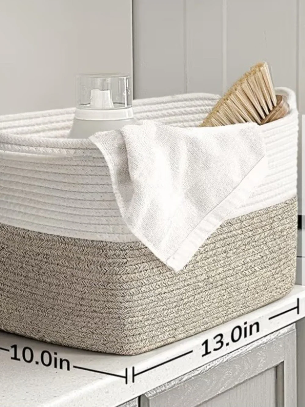 Two-Tone Cream and Tan Rope Storage Basket with Handles. NEW.